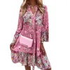 Casual Dresses Retro Floral Print Dress Women Elegant Flare Sleeve Splicing Ruffles Mini V Neck Loose Bohemian Beach