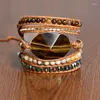 Strand Exclusive Women Beads Wrap Bracelet Tiger Eye Charm 5 Times Leather Strap Bracelets Multilayers Beadwork