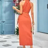 Casual Dresses Fashion Solid Color Neck Hanging Sleeveless Skirt Set Women Beho Two Piece Crop Tops Bandage Dress Suits 2023 Summer Party