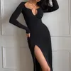 Повседневные платья, сексуальное черное платье с высоким разрезом по бокам для женщин, Клубная вечеринка с перекрестной повязкой, облегающее модное летнее платье с длинными рукавами 24630