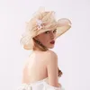 Designer Flower Beach Bucket Hats Dames Robe Wedding Organza Chapeau Womens Kentucky Derby Headswear Wide Brodd Backet Cap Tandage de mariage