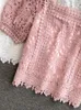 Blusas femininas verão vintage gancho flor oco blusa curta feminino rosa/azul/preto/branco manga bufante gola quadrada topos feminino elegante