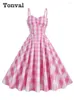 Casual jurken Tonval Vintage roze gingham lange jurk spaghettibandjes ruches voorkant hoge taille dames zomer verjaardagsfeestje retro swing
