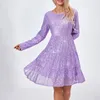 Sıradan Elbiseler 2023 Moda Kadın Sequin Mini Elbise Glitter Uzun Kollu Düz Renk Katmanlı Gevşek Babydoll Street Giyim