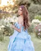 Party Dresses Luxury Blue Tulle Evening For Po Shoot Birthday Bow Straps Ruffles Long Train Lace Up Back Homecoming Gowns