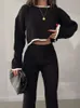 Knit Two Piece Set Women Casual Panelled Side Split Trouser Female Spring Crop Sweater High Waist Ladies Suits