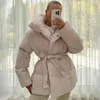 Women's Down Parkas Malina Winter Thick Stand Collar Parkas Kvinnor Fashion Tie Midjrockar Kvinnor Elegant solida korta vadderade jackor Kvinnliga damer 231122