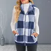 Women's Vests Fall Winter Vest Coat Sleeveless Stand Collar Thick Plush Neck Protection Zipper Closure Cardigan Color Plaid Pockets