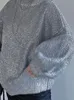 Maglione girocollo con colletto in metallo lucido Top da donna Pullover lavorato a maglia a maniche lunghe larghe Autunno Inverno Elegante streetwear alto