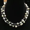 Chains Casual Sporty Baroque Long Fresh Water Pearl And Crystal Necklace Trendy Jewelry For Women Grey Color Wax Rope