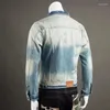 Herrjackor modedesigner män jacka hög kvalitet retro tvättad blå casual denim rippad kappa lappade vintage chaquetas hombre