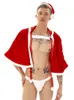 4pcs Christmas Men Sexy Bondage with Hooded Cape Side Open Underwear Suit Panties Exotic Imitation Leather Briefs Adult Clothing