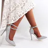 Sapatos de vestido saltos altos bombas casamento 2023 verão mulheres sexy silver shine festa no tornozelo