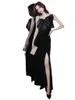 2023 noir velours robe de Cocktail perles Simple Spaghetti sangle sirène Banquet dos nu Sexy haute fente avec arc robe de soirée de bal