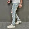 Jeans masculinos homens tendência casual rasgado magro ajuste estiramento calças destruídas buraco denim de alta qualidade hip hop elástico masculino calças azuis