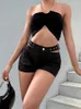 Women's Shorts Black Sweet Cutout Waist Fashion Casual Lounge Outfits For Female Low Waistline Mini With Double Pockets