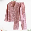 Calças femininas de duas peças mulheres 2 roupas casuais botão para baixo pijama conjunto aconchegante flor folhas impressas nightwear solto camisas de sono calça