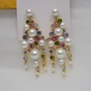 Dangle Earrings Cluster Statement Fringe Cute CZ PEARL Long Drop Hoop