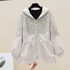 Women's Trench Coats SuperAen Heavy Industry Sequin Hooded Panel Drawstring Waist Wrapped Cotton Coat For Women Jackets