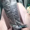 Botas por encima de la rodilla de charol de cuero genuino para mujer, botas de tacón alto con punta estrecha y diamantes de imitación