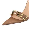 Retro Summer Metal Rivet Sandals Women High Heels Buckle Pumps Black Khaki Flock Pointed Open Toe Sexy Party Dress Shoes 230424