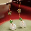 dangle earrings天然ヘティアンジェイドラウンド女性のための中国語スタイルのエナメルバタフライロングイヤードロップクラシックエレガントな結婚式の宝石