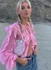 Kobiety bluzki koszule panie letnie sexy patrz przez szczupłą bluzkę plażową streetwear wiek różowy koronkowy koronkowy w górę top moda damskie uprawy z długim rękawem 231123