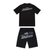 2023 verão novo trapstar londres atirador de manga curta t camisa terno chenille decodificação sabor gelo preto 2.0 masculino em torno do pescoço camiseta shorts 688ss