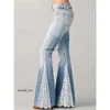 DESIGNERS Spring New Fashion Jeans Gradient Flower Print Imitation Denim Bell Bottoms High Waist Long Pants Plus Size Women Trousers 371 dfashion98