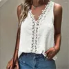 Blusas de mujer verano Color sólido ahueca hacia fuera cuello en V encaje camiseta sin mangas moda delgada blanca sin mangas pulóver camisa blusa Mujer Blusas