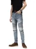 Herr jeans knä blixtlås lapptäcke veckad mager denim män casual smal cyklist byxor mode streetwear hip hop byxor joggar