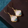 Dangle Earrings Retro Natural White Square Style Drop 18K Gold Chinese Ancient Jade Pearl Hook Jewelry For Women