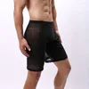 Caleçon hommes maille voir à travers les sous-vêtements Boxer Transparent demi-longueur solide U poche convexe hommes Long Gay Wear