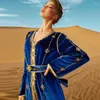 エスニック服caftan marocain手縫いダイヤモンドロイヤルブルーベルベットドレスパーティーマキシアバヤウーマンドバイラグジュアリーイブニングドレスラマダン