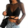 Damen T-Shirt Frauen Mesh Crop Top Langarm Rundhals Fischnetz Durchsichtige T-Shirt Tops für Party Club P230328