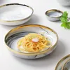 Plates Nordic Gold Rim Ceramic Tableware Set Gray Marbled Dinner Plate Soup Bowl Dish Spoon Home Simple Luxury Flatware