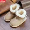 Zapatos de invierno de piel de oveja para niños, botas de nieve de cuero genuino para niños pequeños, botas con lazos, calzado para niños y niñas, botas que mantienen el calor 22-34