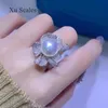 Bröllopsringar Zircon Big Flower Fashion Design Natural Freshwater White Round Pearl 13-14mm Ring Gorgeous Premium 925 Sterling Silver Gift 231124