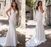 Shiny Sequined V Neck Mermaid Wedding Dresses Boho Garden Simple Satin Bridal Gowns Sweep Train Buttons Back Long Fashion Bride Second Reception Dress Robes CL2976