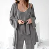 Women's Sleepwear Autumn Winter Robe Women Pajama Set Woman 3 Pieces Camisole Nightie Trouser Suits Knitting Nightgown Lace Up Bathrobes