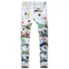 Jeans pour hommes polyvalents hommes déchiré trou patch stretch crayon denim pantalon streetwear élastique hip hop star motif broderie décontracté