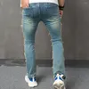 Herenjeans Heren Stijlvolle vintage blauwe gestapelde gesplitste slanke biker rechte broek streetwear mannelijke motorfiets casual denim broek