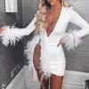 Urban Sexy sukienki Seksowne damskie siatki w dekolcie Diamentowe pióra długie rękawowe body bandon bandage klub sukienka moda celebrytka sukienki koktajlowe vestido 231123