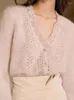 Malhas femininas mulheres crochê onda padrão malha cardigan oco para fora manga longa sopro com decote em v único breasted feminino mohair misturas camisola