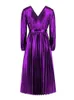 Robes décontractées Col en V Taille Haute Métallique Maxi Vintage Robe Femmes Bal Banquet Élégant À Manches Longues Sexy Parti Plissé Vestdios Robe