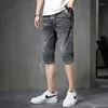 Jeans masculinos verão gelo-cool fino shorts elástico estilo coreano reto denim oversize casual calças de sete pontos