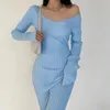 Casual Dresses Vintage Elegant Knitted Slim Sweater Midi Lady Wrap Hips Bodycon Korean Fall Winter V Neck Long Sleeve Dress