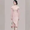 Casual Dresses Spring Summer Stylish Designer Party Vestidos Women's Elegant Long Sleeve Pink Tweed Patchwork Bodycon Slim Midi Dress