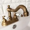 Bathroom Sink Faucets Antique Brass 4" Centerset Kitchen Vessel Two Holes Basin Swivel Faucet Dual Ceramics Handles Water Tap Aan064