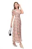 Women's Runway Dresses Sexy V Neck Short Sleeves Floral Printed Beaded Elegant Fashion Designer Maxi Vestidos